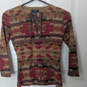 Chaps Aztec Southwest print Denim long sleeve top- Size PS - NWOT
